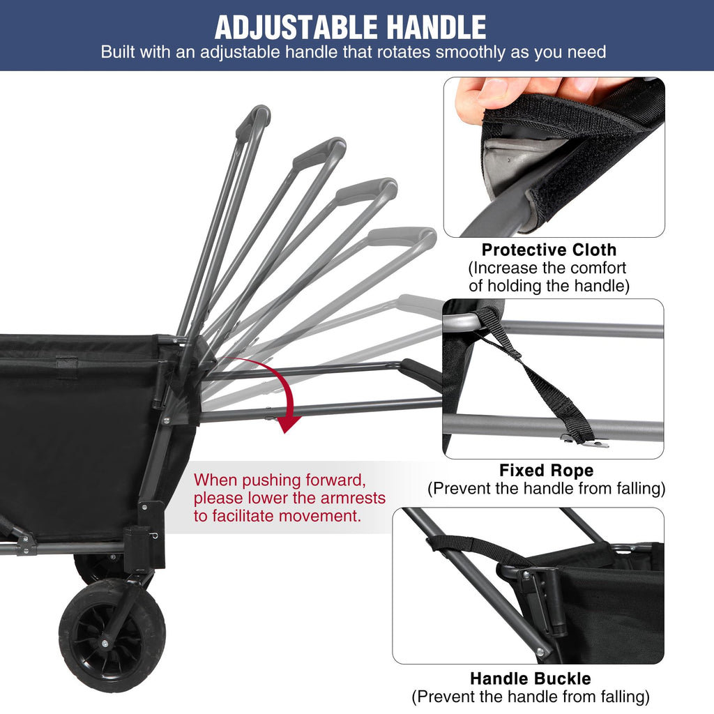 Folding Dog Wagon Cart with Extendable Rear End, 220L Collapsible Utility Cart, Black Y422