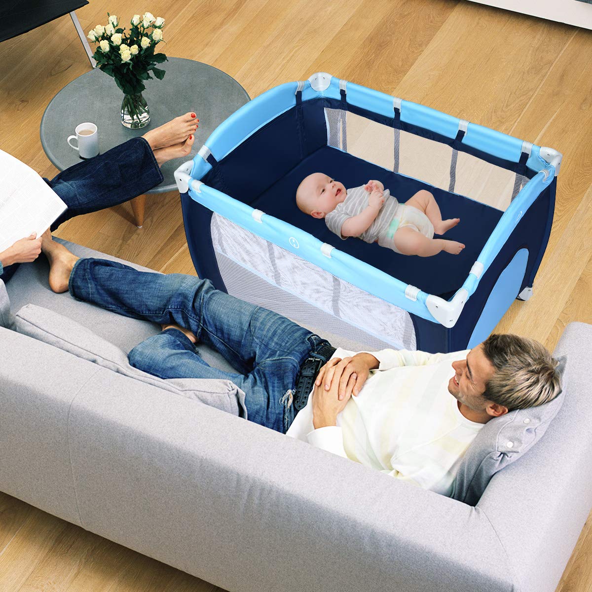 4-in-1 Portable Baby Playard with Bassinet and Changing Table A39028
