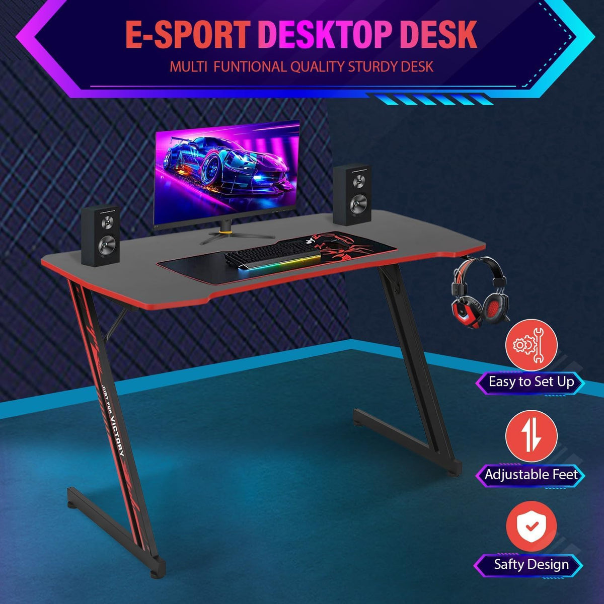 47 Inch Gaming Desk with Headphone Hook J913412