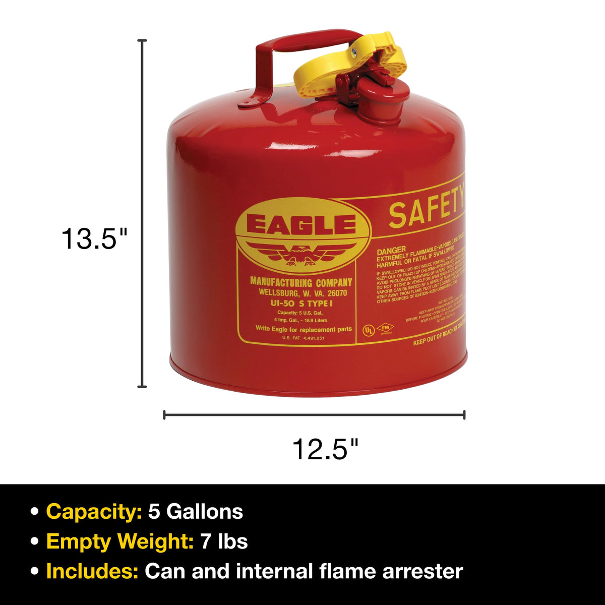 5 Gallon Type I Red Safety Gas Can S7845