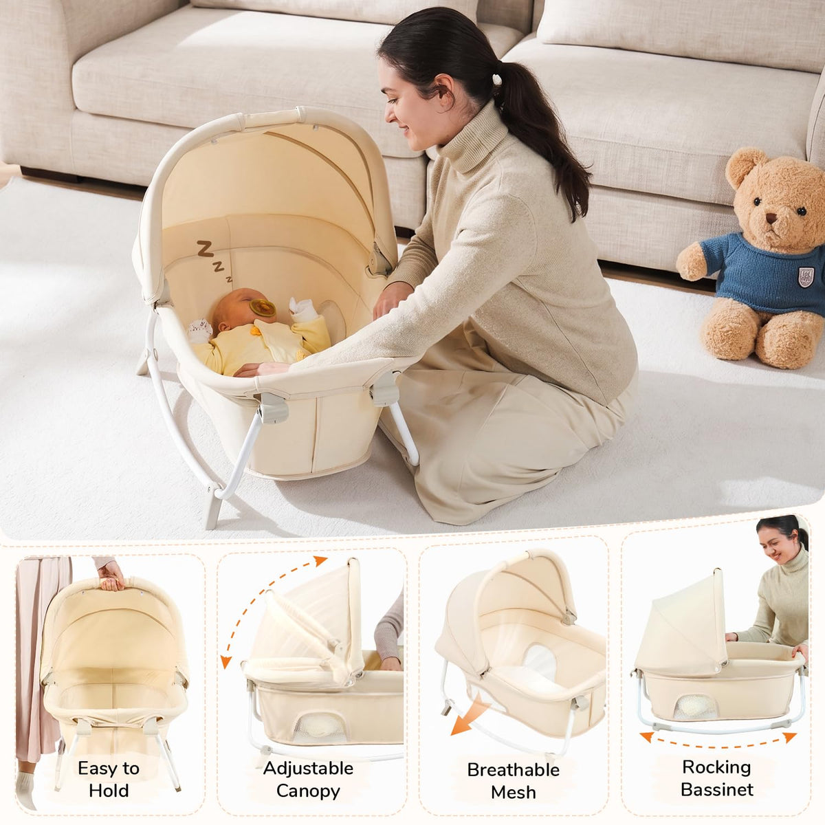 6-in-1 Pack and Play with Bassinet, Portable Playard, Travel Crib with Mattress, Changing Table, Storage Bag & 4 Wheels (Beige) B6871