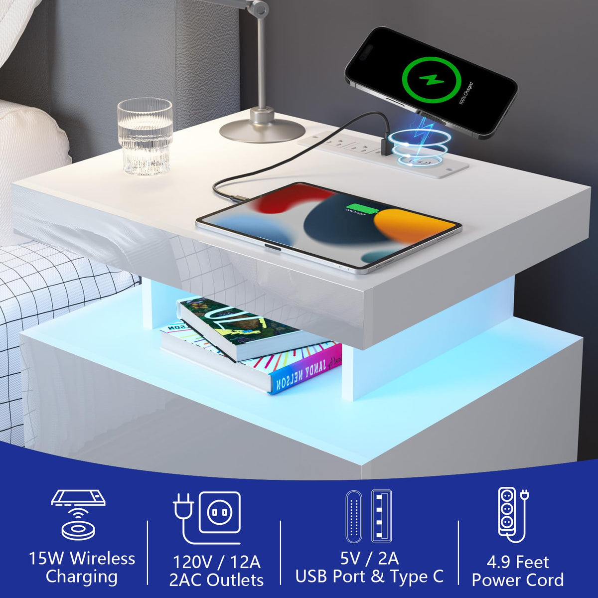 White High Gloss 2 Drawer Nightstand with LED Light G4738