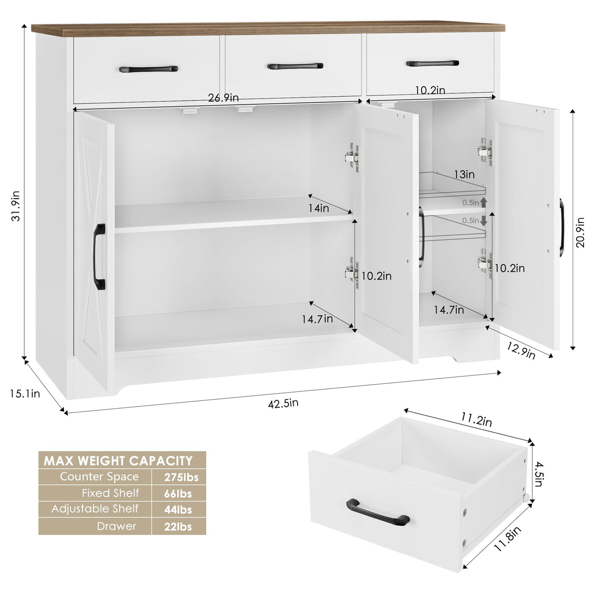 White Kitchen Buffet Cabinet with Storage E606338