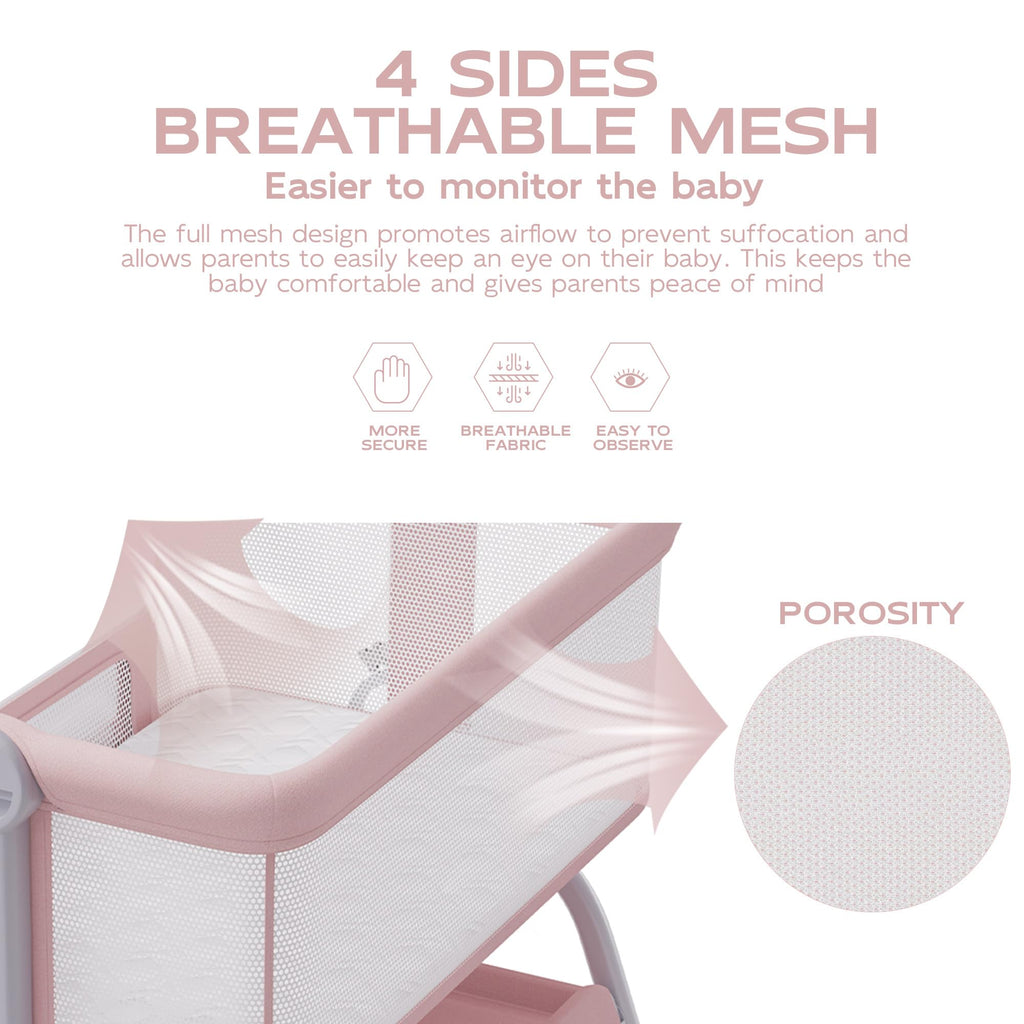Baby Bassinet Bedside Crib with Mattress & Sheet, 4-Sided Mesh, Pink I986