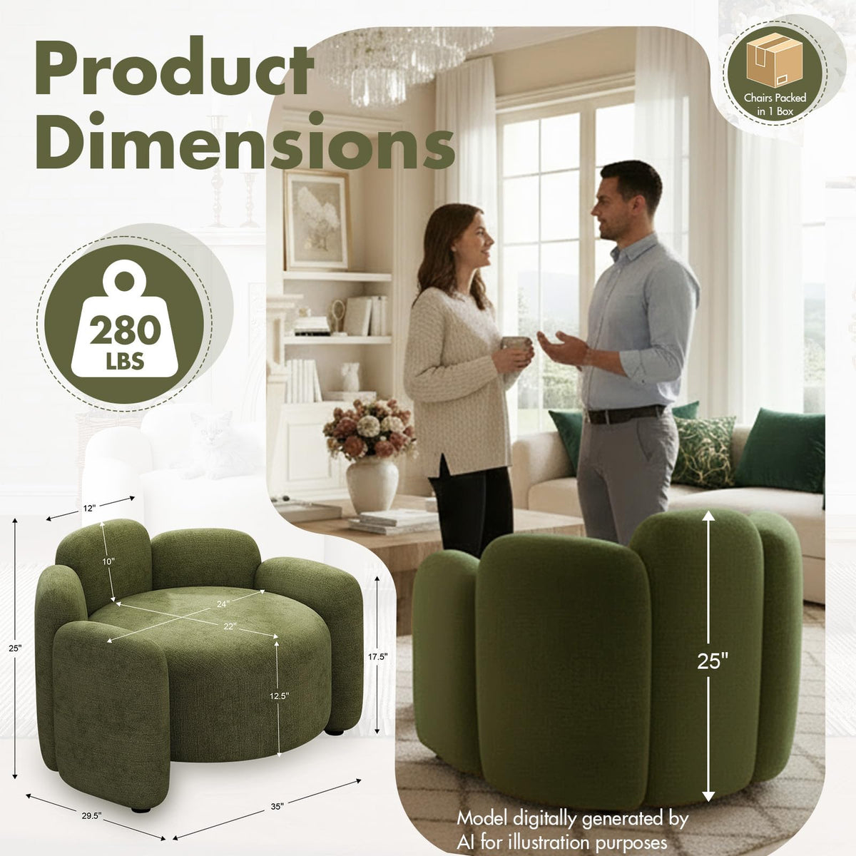 Green Mid-Century Modern Accent Chairs Set of 2 Upholstered Barrel Side Chairs with Solid Wood Base L807