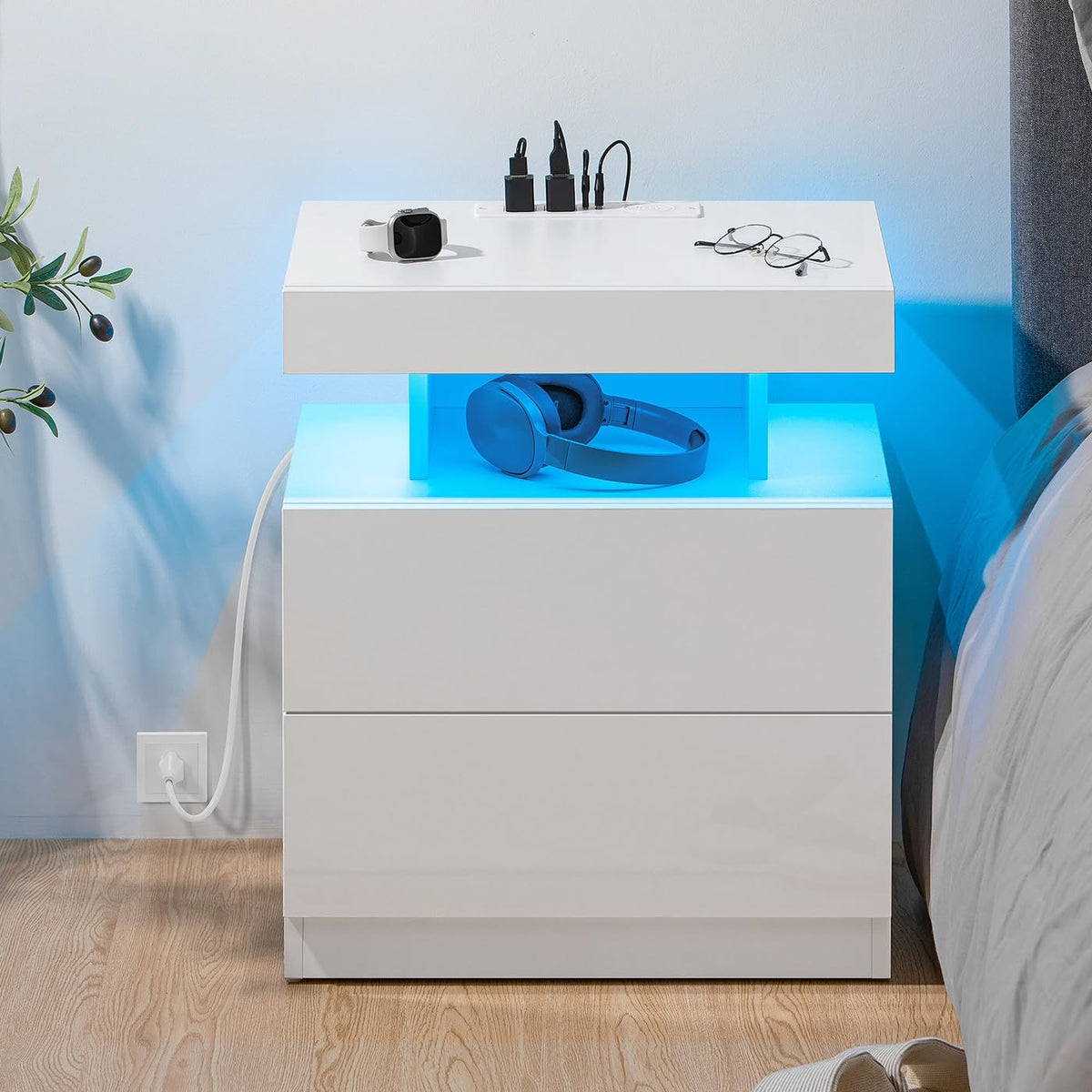 White High Gloss 2 Drawer Nightstand with LED Light G4738