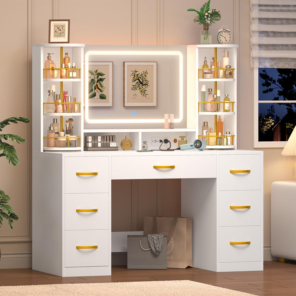 Vanity Desk with Mirror and Lights, 7 Drawers K58801