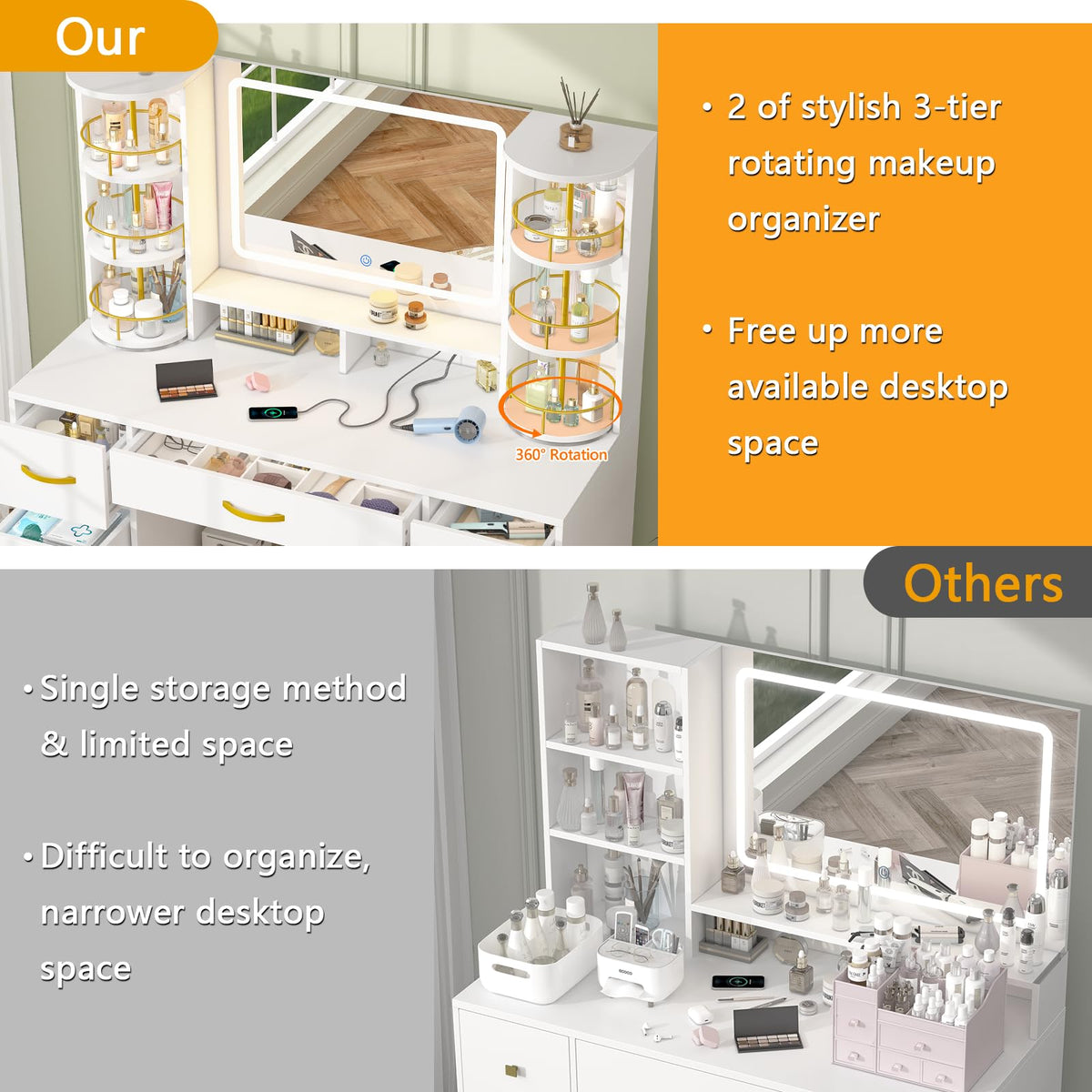 Vanity Desk with Mirror and Lights, 7 Drawers K58801