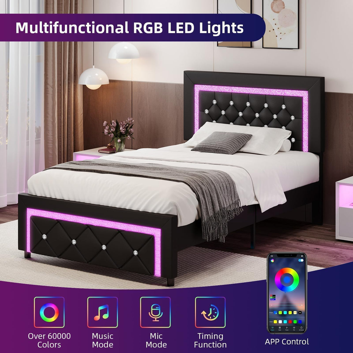 Twin Bed Frame with LED Lights F68096