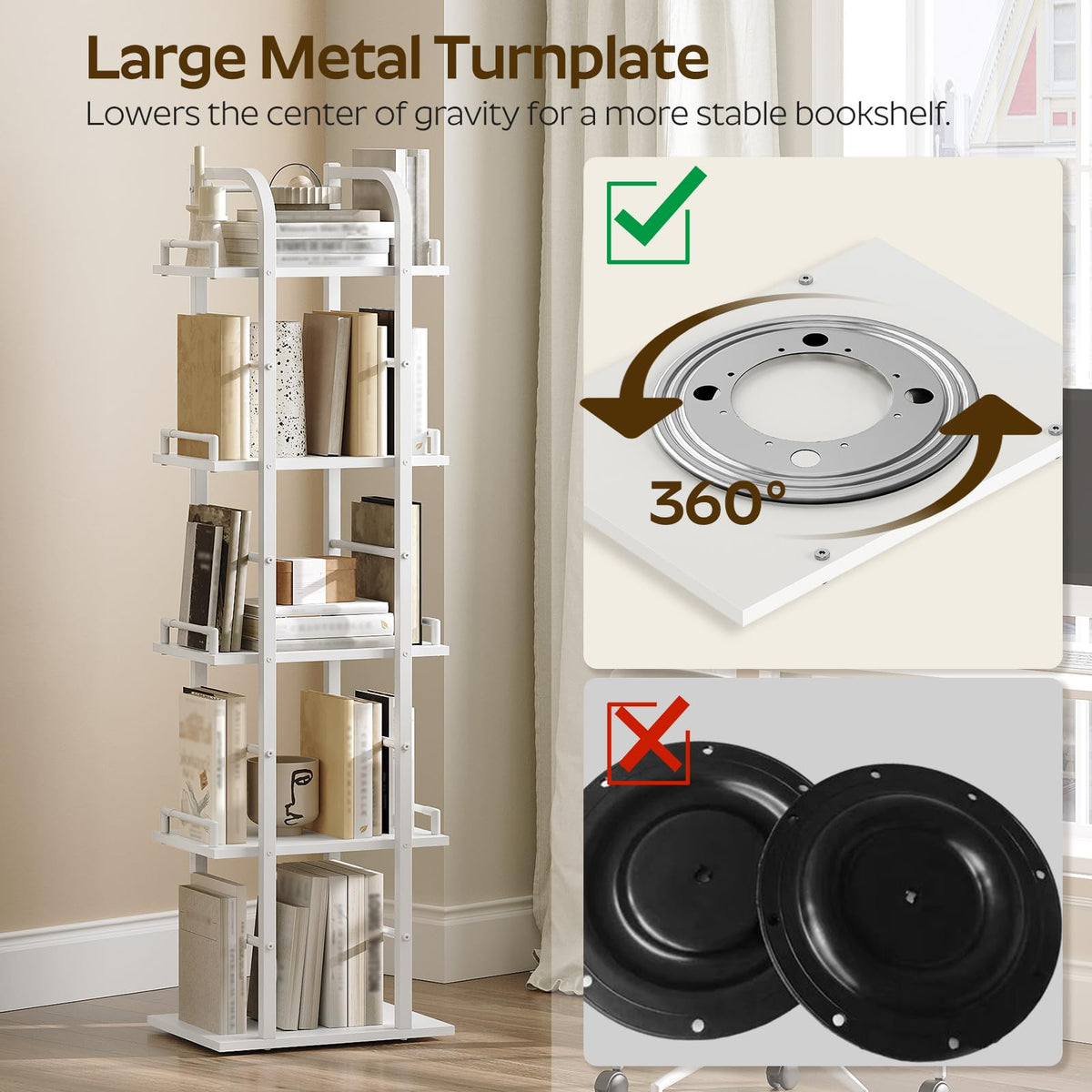 5 Tier Rotating Corner Bookshelf White Y33624
