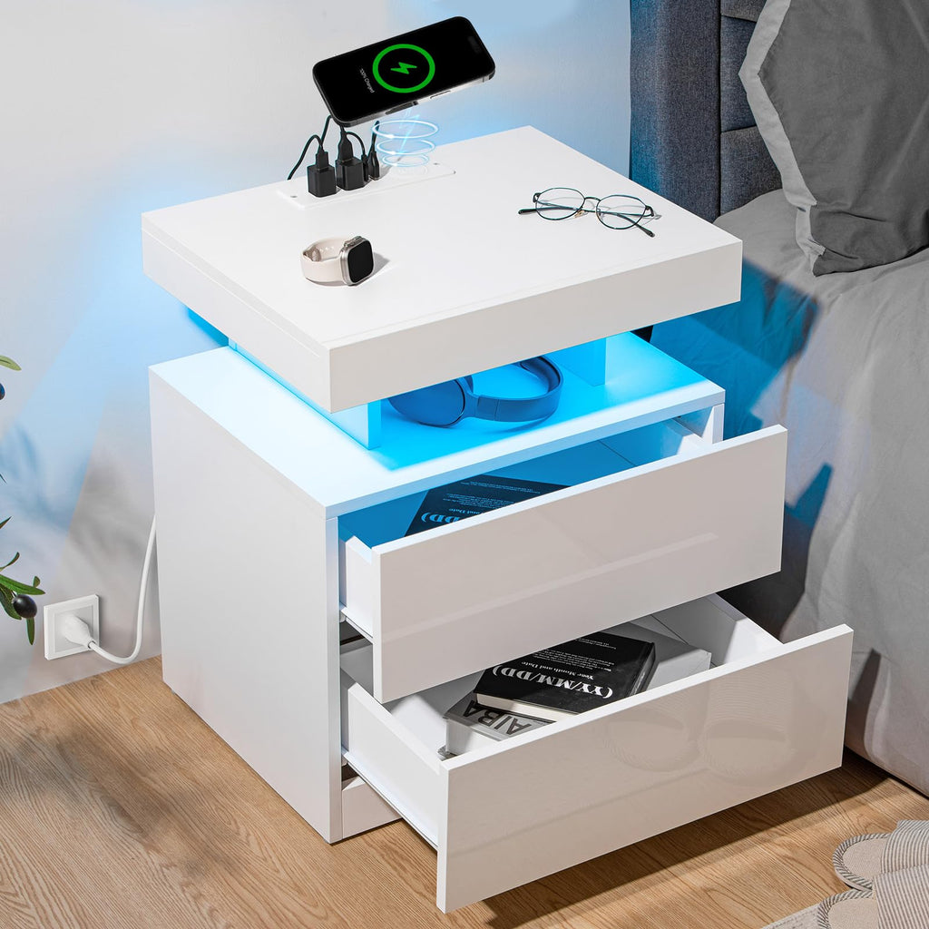 White High Gloss 2 Drawer Nightstand with LED Light G4738