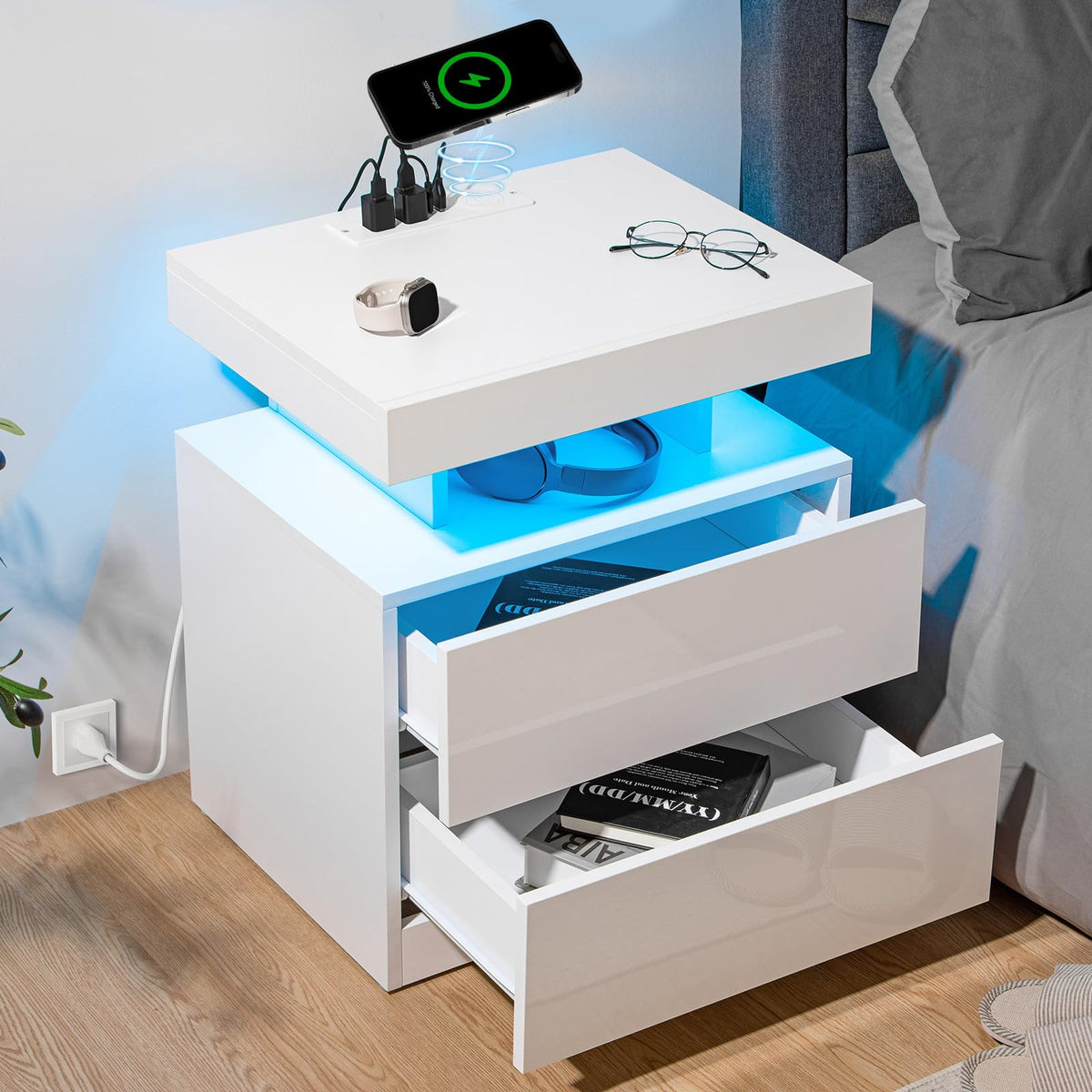 White High Gloss 2 Drawer Nightstand with LED Light G4738