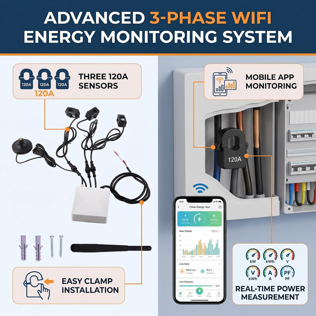 3 Phase Smart Electricity Power Monitor with 3 120A Circuit Level Sensor V470