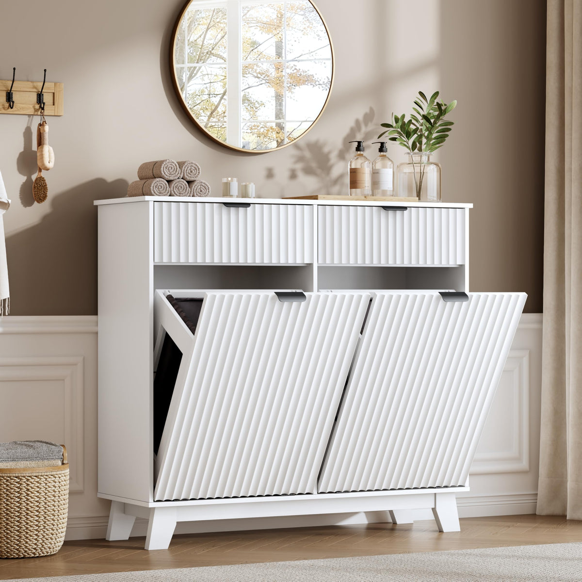 10 Gallon Tilt Out Trash Can Cabinet with Storage Drawer E235