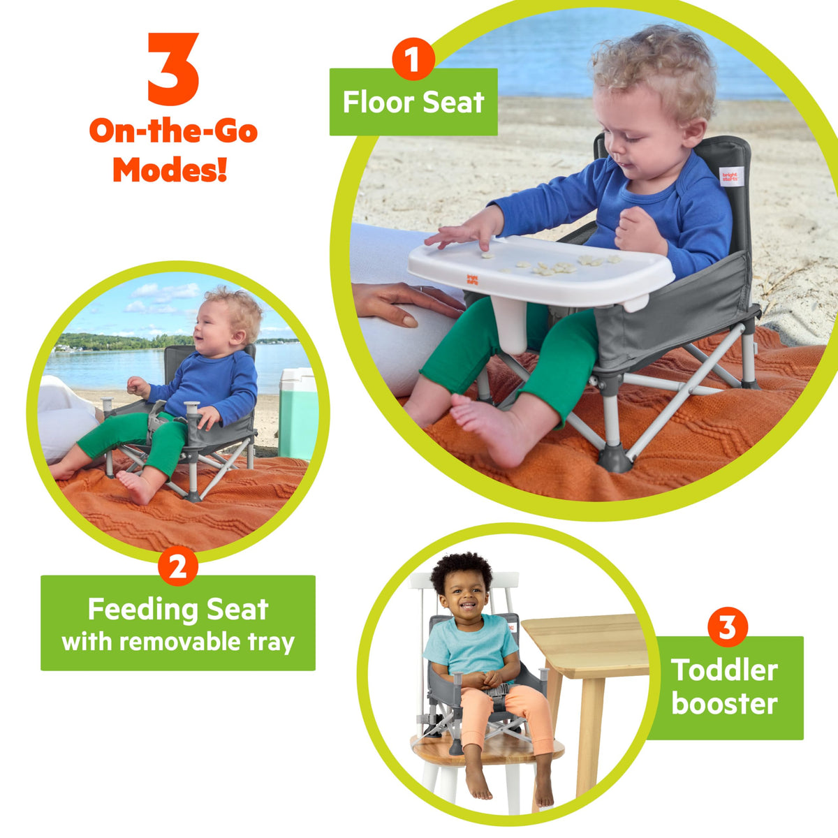 Portable Booster Seat, 3-in-1 Floor Seat, Travel High Chair with Feeding Tray, Grey J817