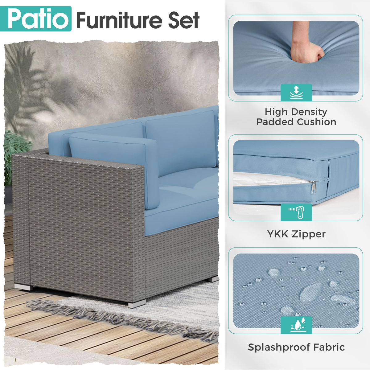 7 Piece Grey Wicker Rattan Patio Furniture Set with Glass Coffee Table T264922
