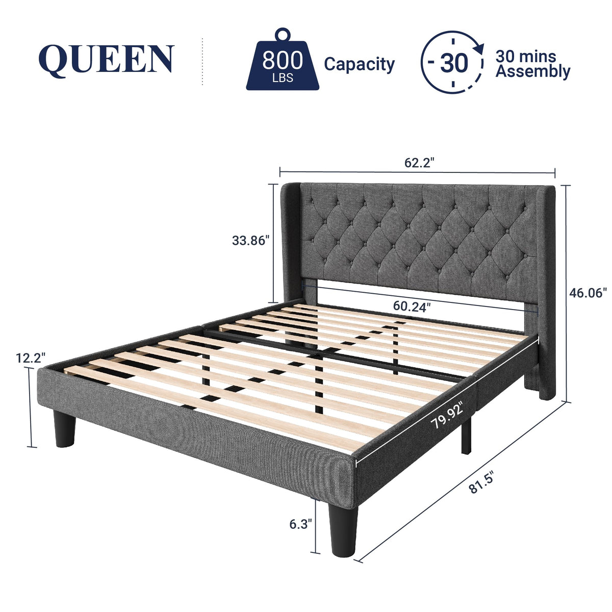 Queen Bed Frame with Button Tufted Wingback Headboard Z1212
