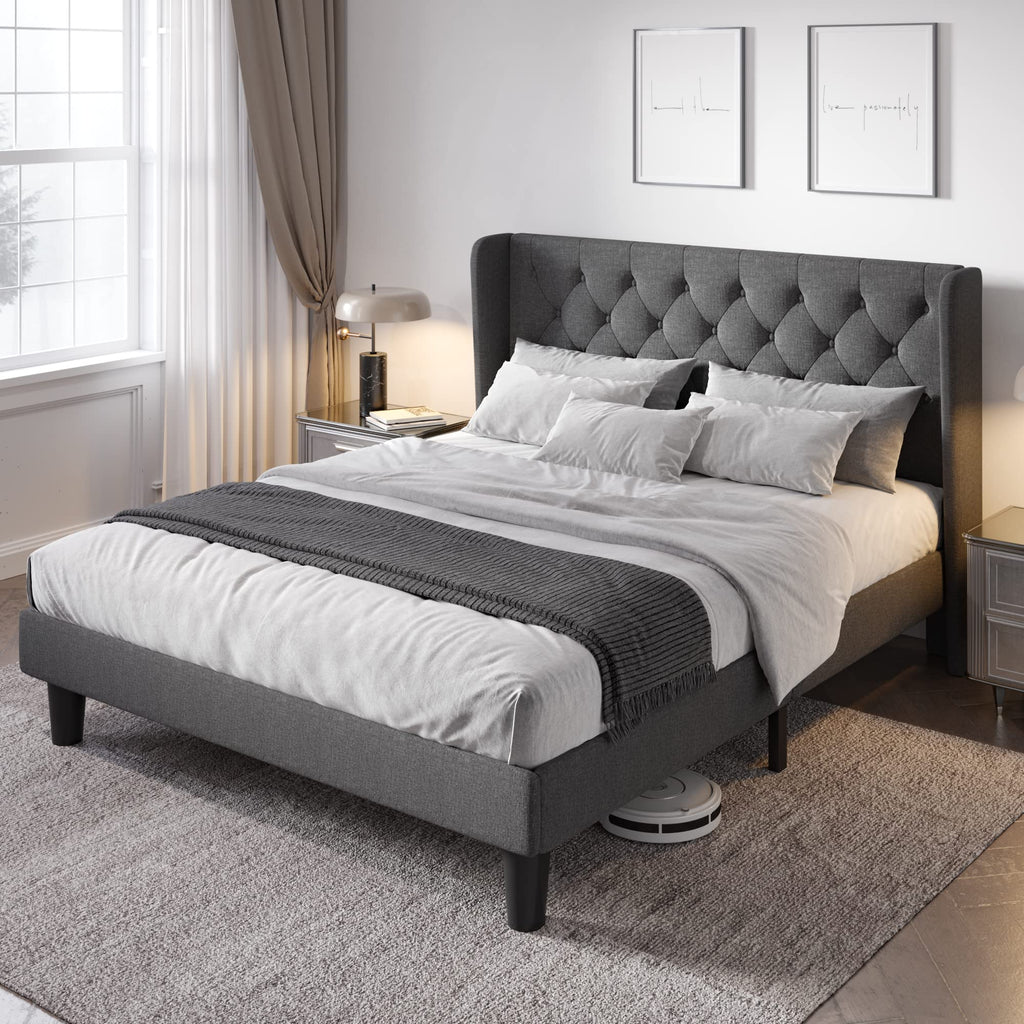 Queen Bed Frame with Button Tufted Wingback Headboard Z1212