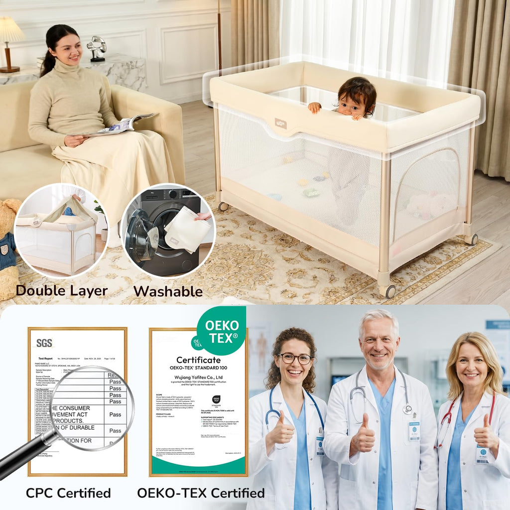 6-in-1 Pack and Play with Bassinet, Portable Playard, Travel Crib with Mattress, Changing Table, Storage Bag & 4 Wheels (Beige) B6871