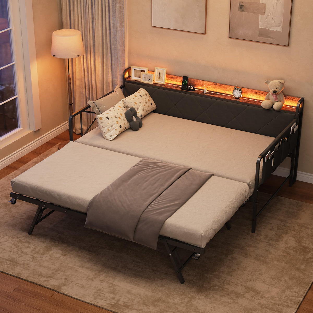 Twin Daybed with Upholstered Headboard and Trundle, Black J444623