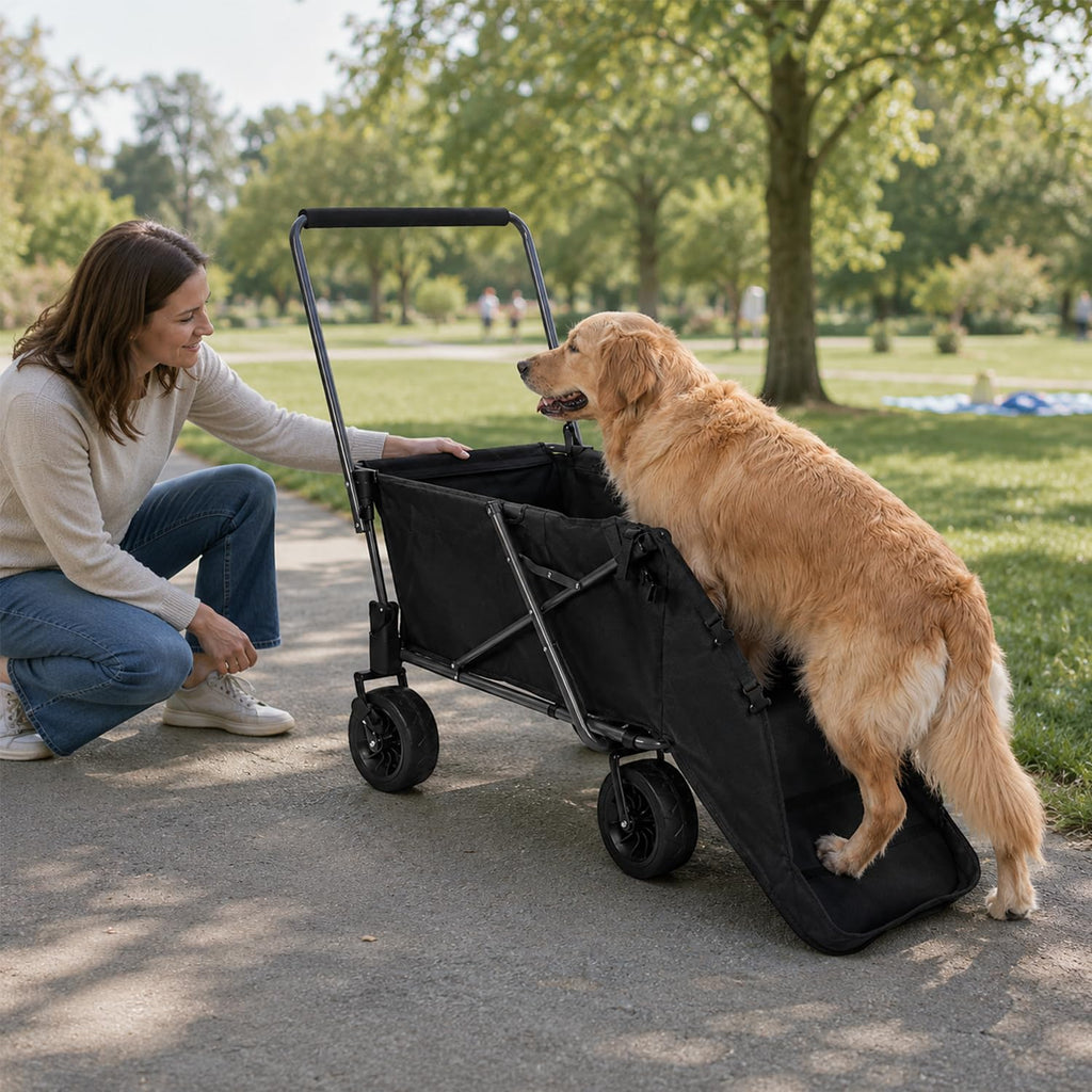 Folding Dog Wagon Cart with Extendable Rear End, 220L Collapsible Utility Cart, Black Y422