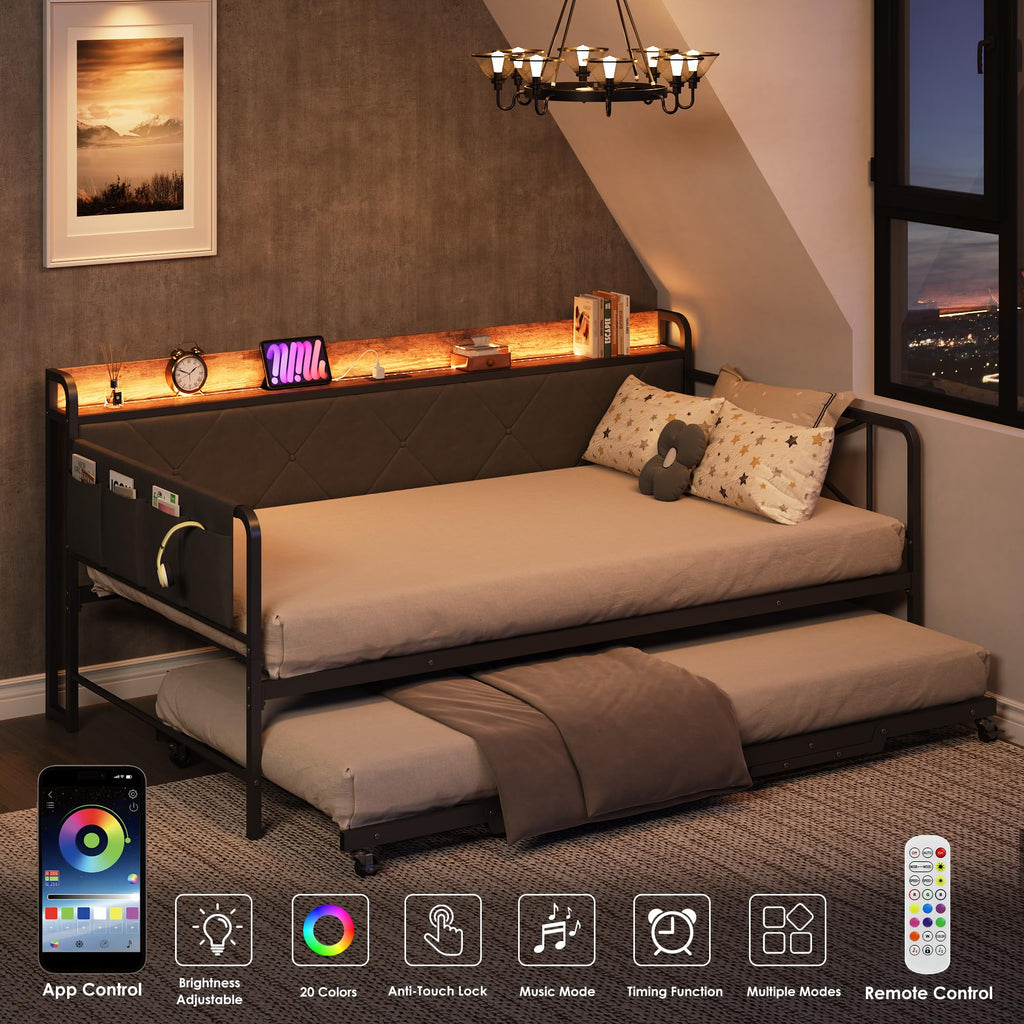 Twin Daybed with Upholstered Headboard and Trundle, Black J444623
