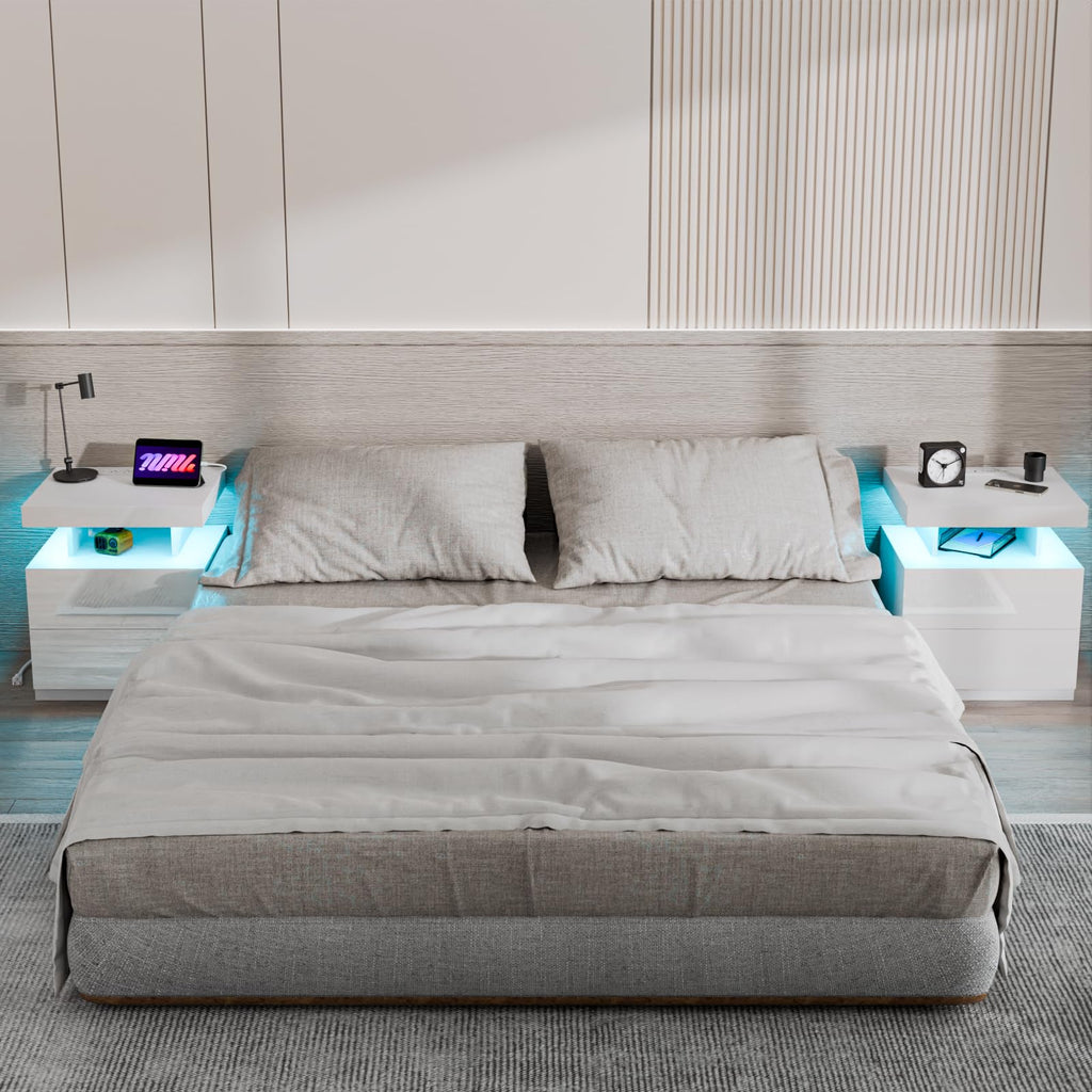 White High Gloss 2 Drawer Nightstand with LED Light G4738