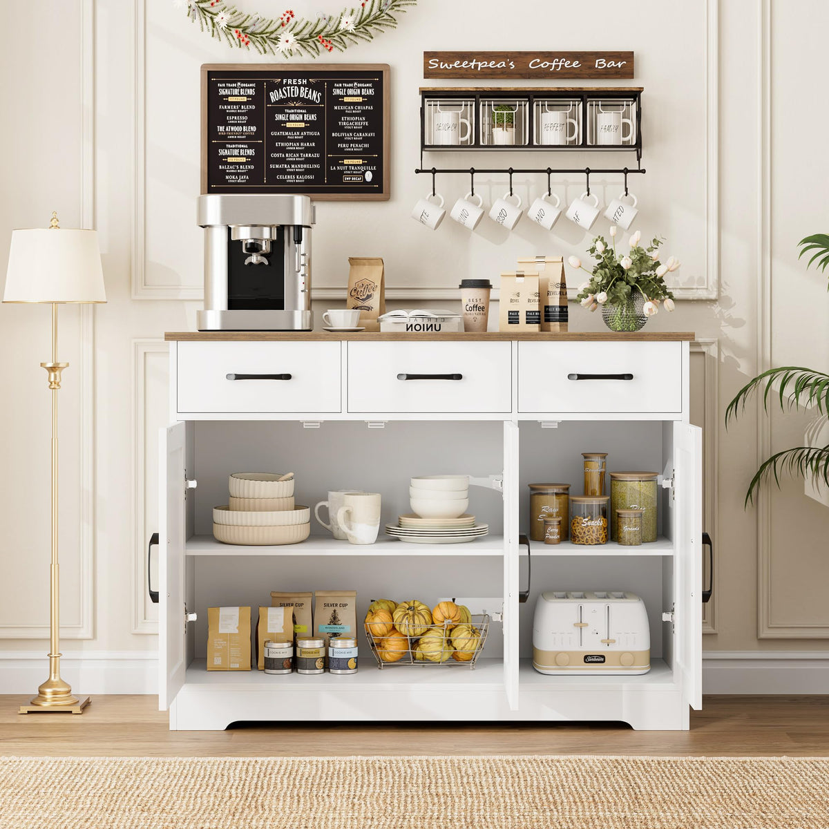 White Kitchen Buffet Cabinet with Storage E606338