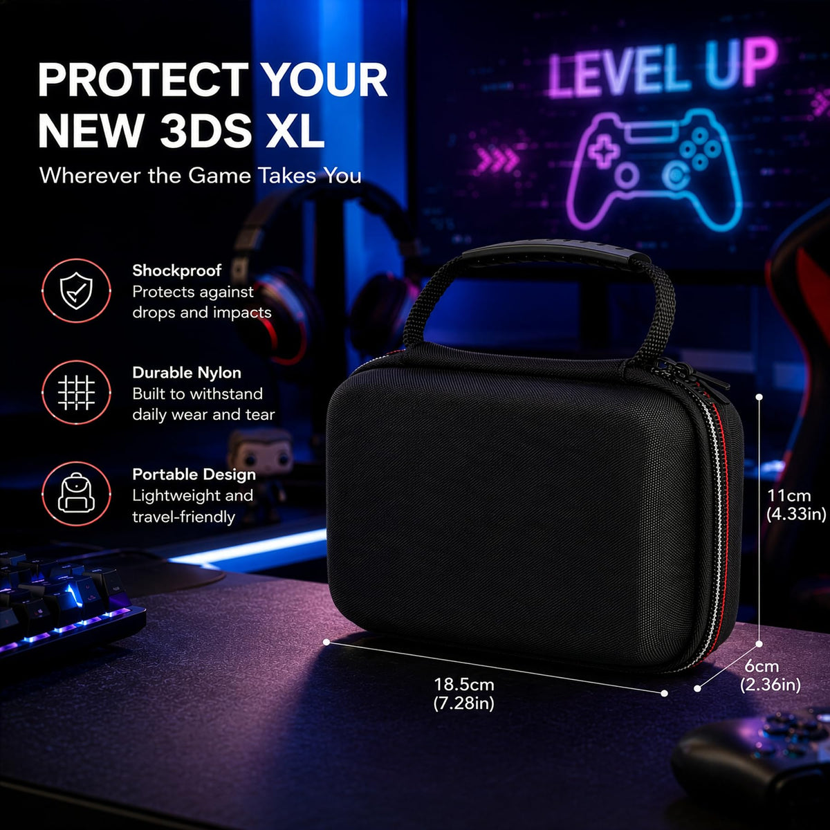 Carrying Case for New 3DS XL LL with Hard Shell and Charging Cable D2299
