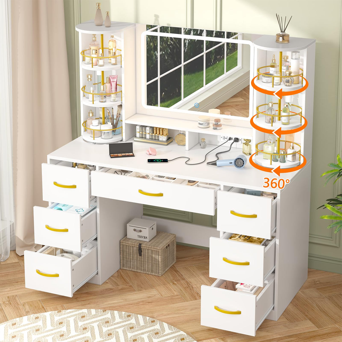 Vanity Desk with Mirror and Lights, 7 Drawers K58801
