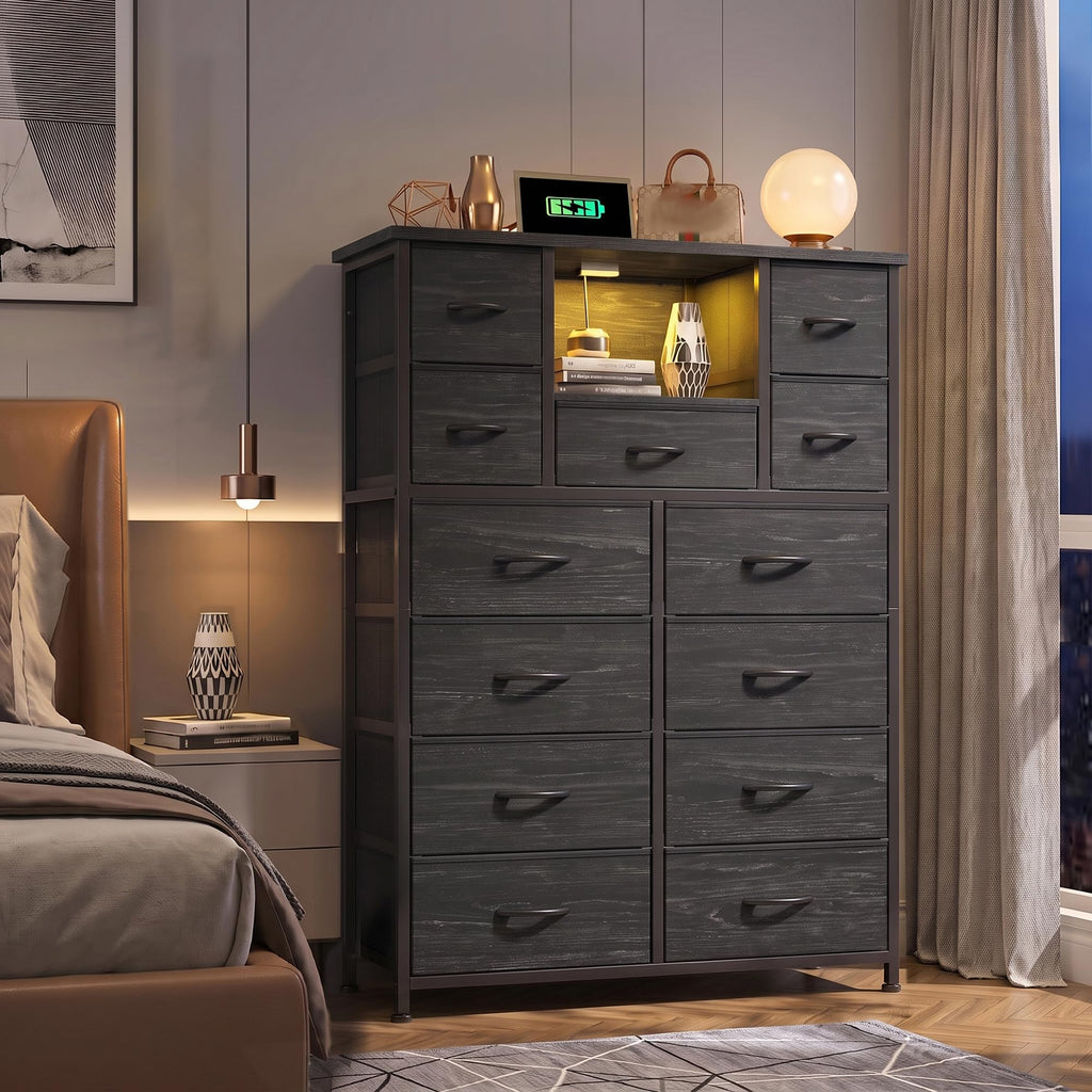 Black 13 Drawer Dresser with Charge Station and LED Light X328