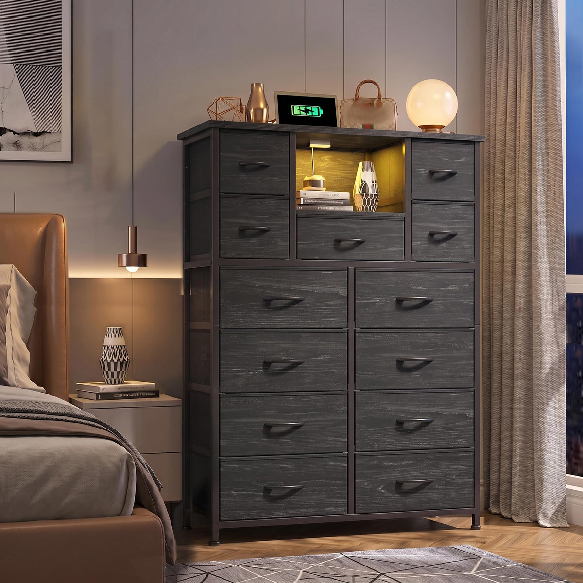 Black 13 Drawer Dresser with Charge Station and LED Light X328