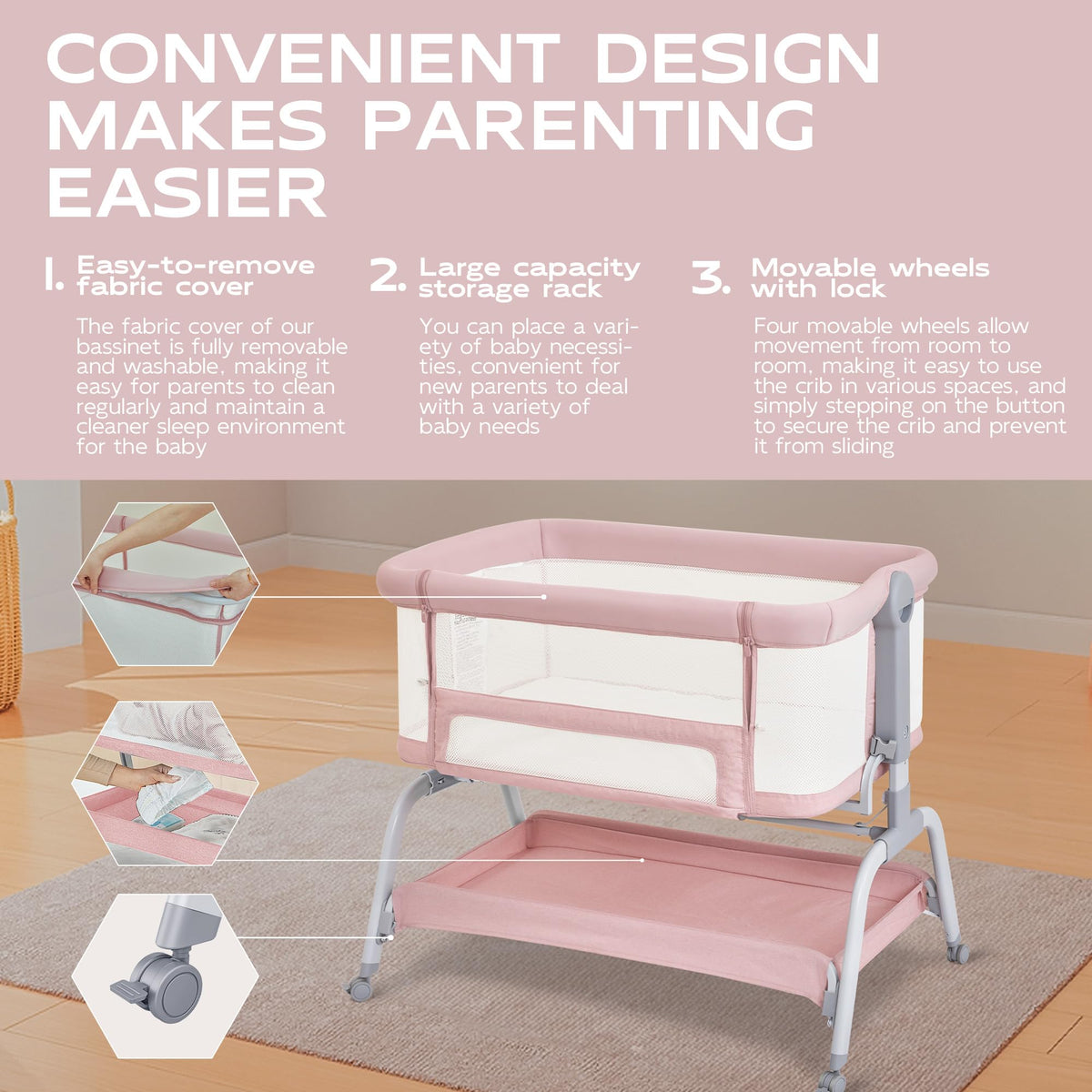 Baby Bassinet Bedside Crib with Mattress & Sheet, 4-Sided Mesh, Pink I986