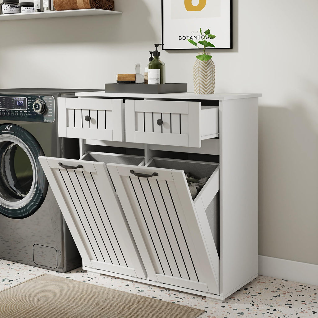White Tilt Out Trash Cabinet with 2 Drawers Y18869
