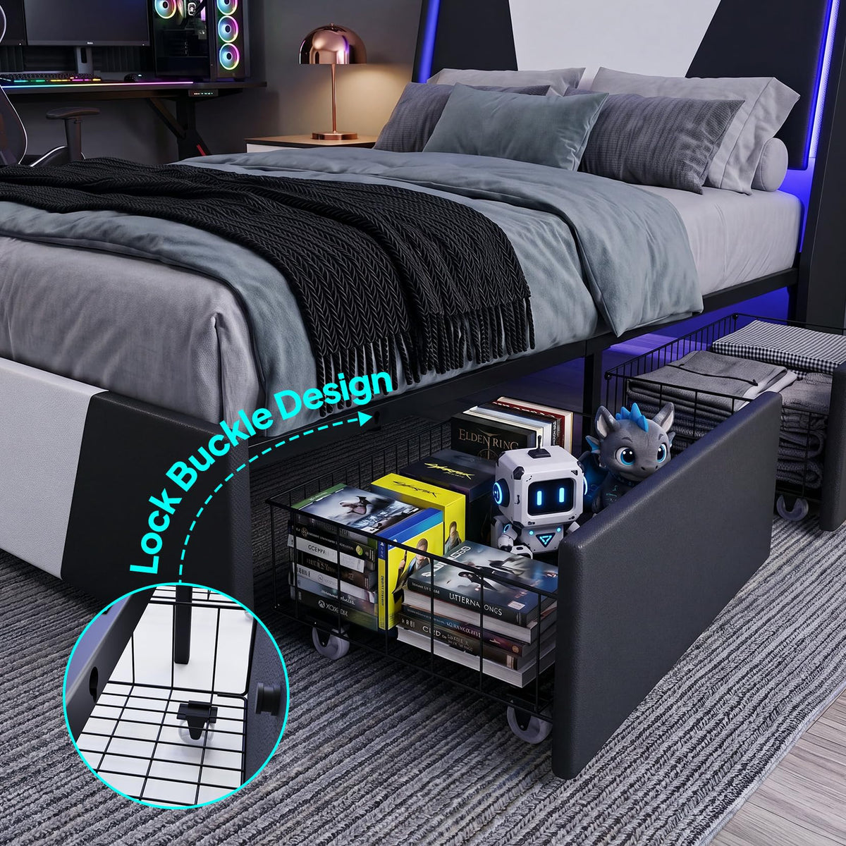 Full Size Bed Frame with Led Lights and 4 Storage Drawers R6022