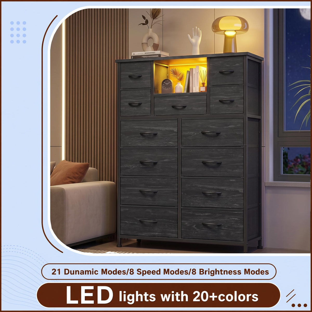 Black 13 Drawer Dresser with Charge Station and LED Light X328