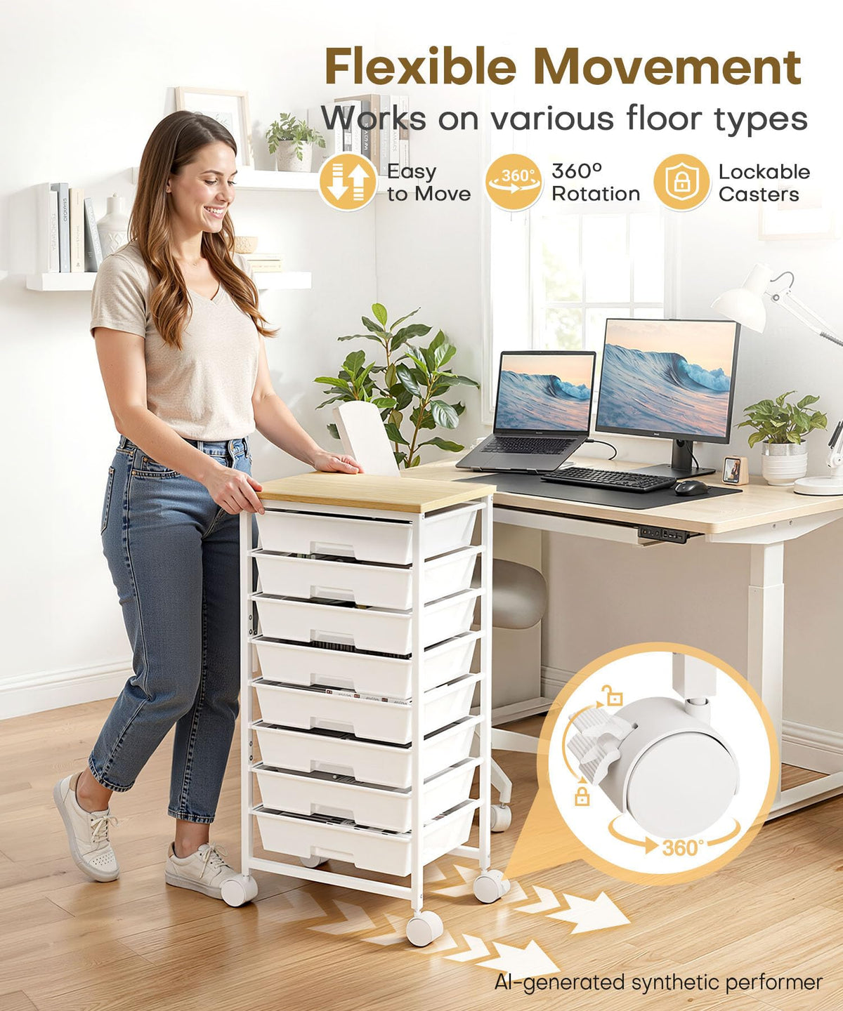 Rolling Storage Drawer Cart 8 Drawer Lockable Wheels X4337