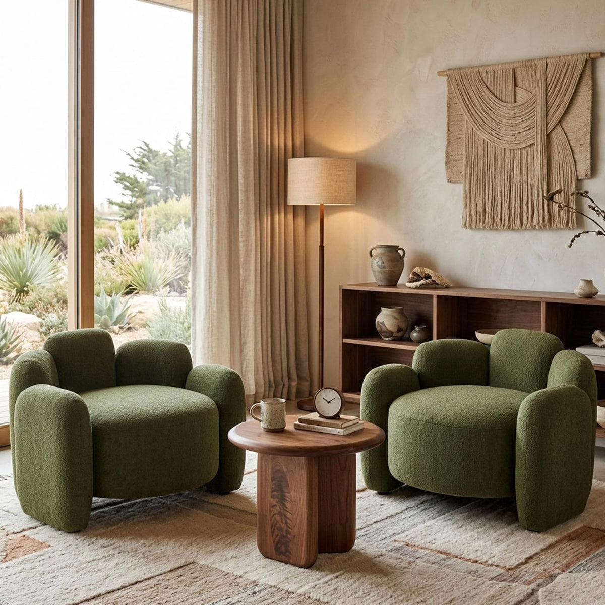 Green Mid-Century Modern Accent Chairs Set of 2 Upholstered Barrel Side Chairs with Solid Wood Base L807