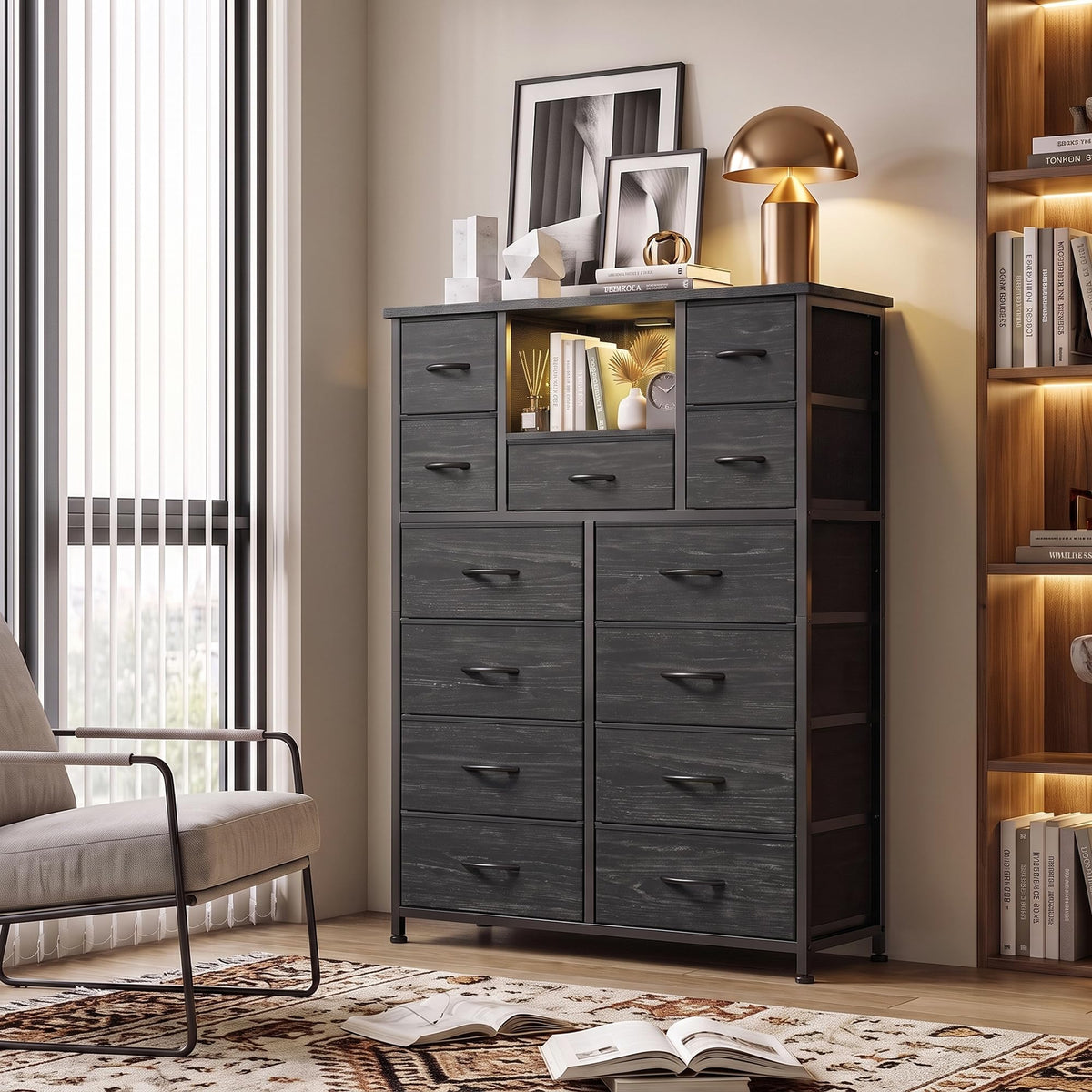 Black 13 Drawer Dresser with Charge Station and LED Light X328