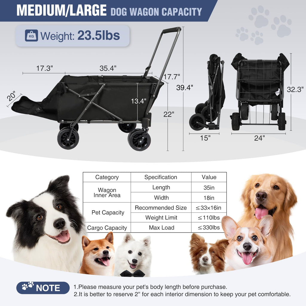 Folding Dog Wagon Cart with Extendable Rear End, 220L Collapsible Utility Cart, Black Y422