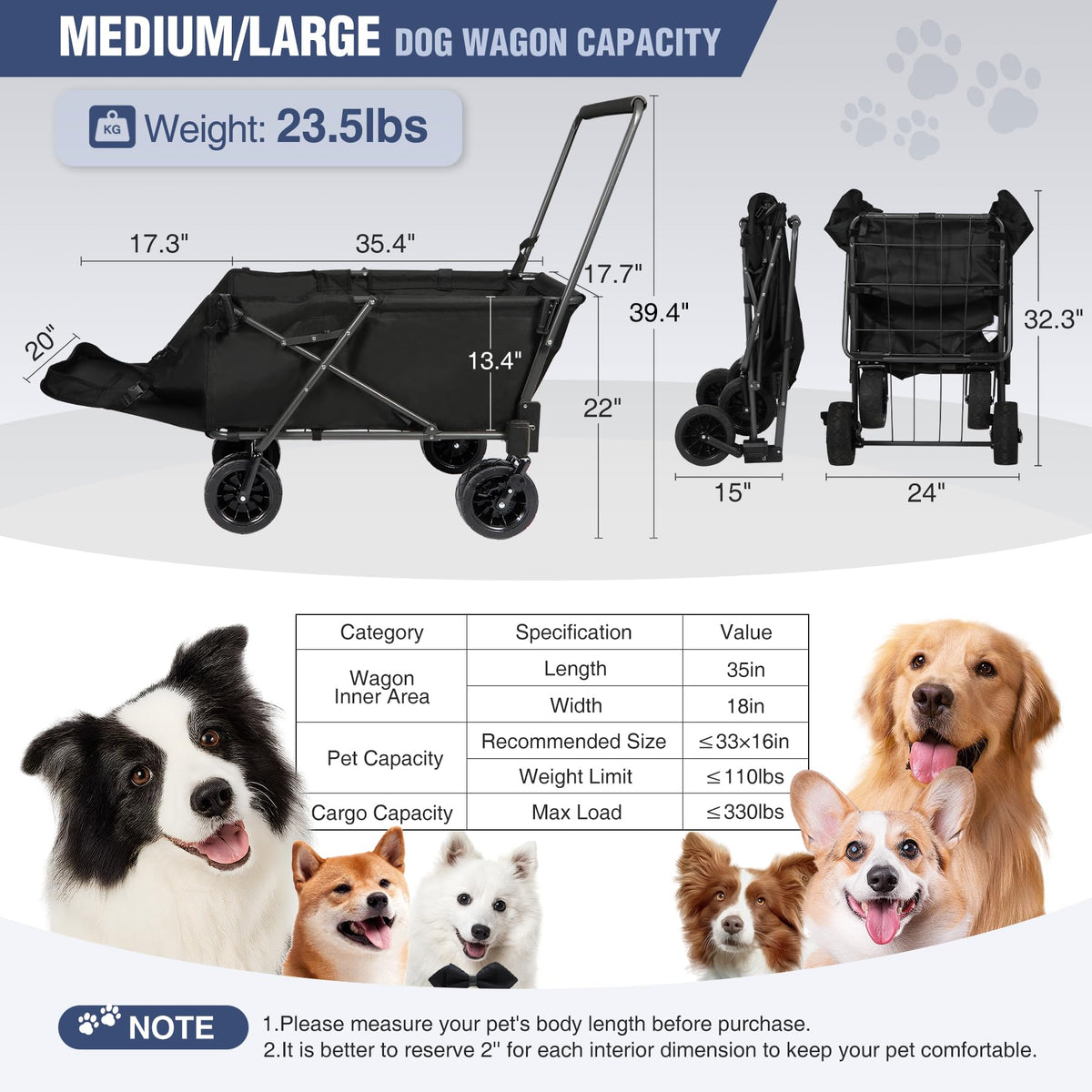 Folding Dog Wagon Cart with Extendable Rear End, 220L Collapsible Utility Cart, Black Y422