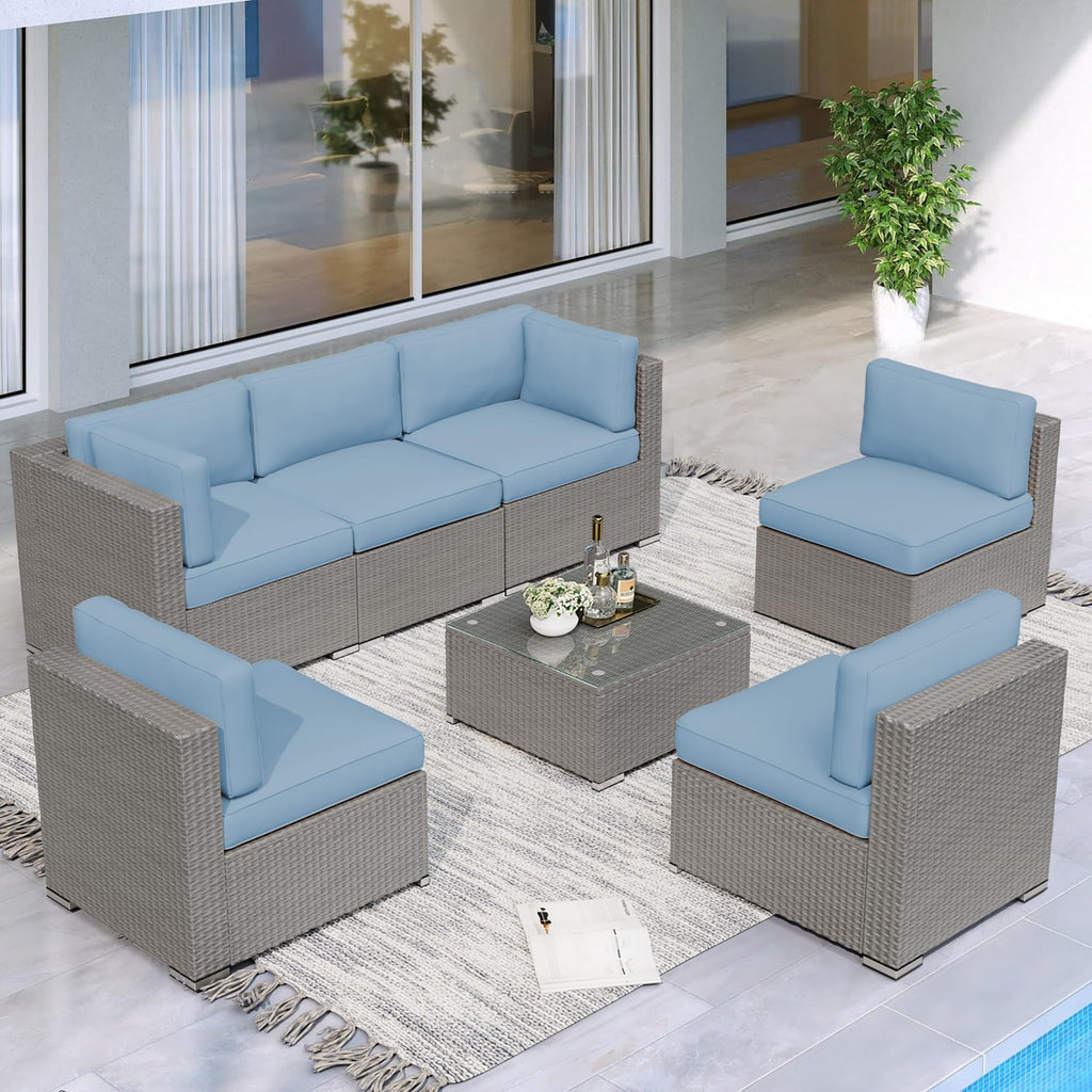 7 Piece Grey Wicker Rattan Patio Furniture Set with Glass Coffee Table T264922