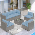7 Piece Grey Wicker Rattan Patio Furniture Set with Glass Coffee Table T264922