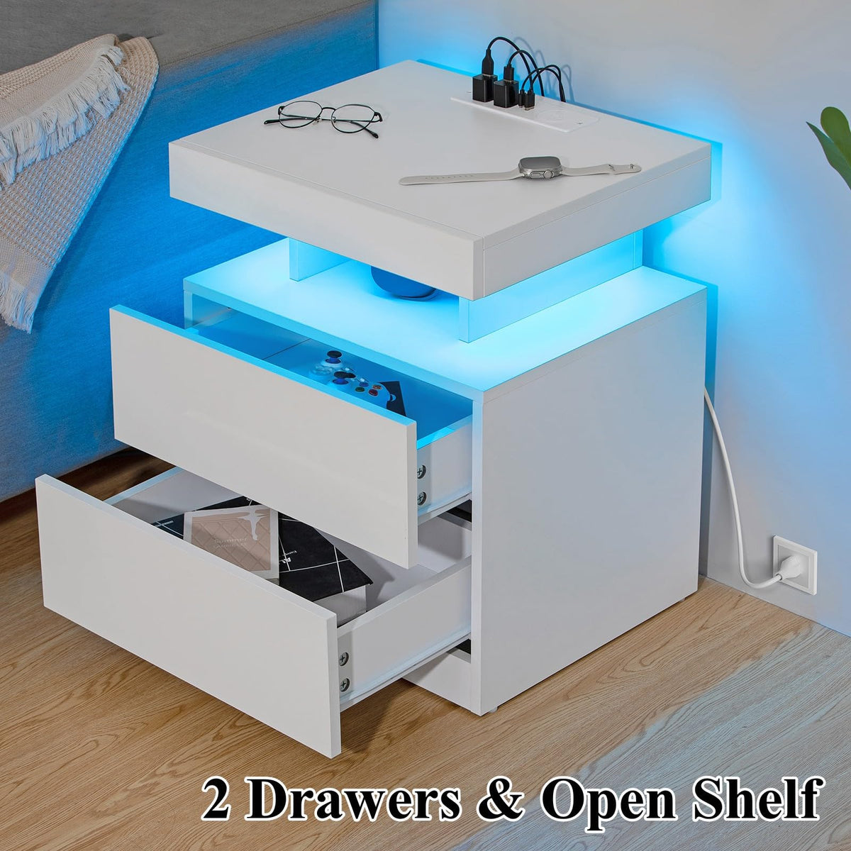 White High Gloss 2 Drawer Nightstand with LED Light G4738
