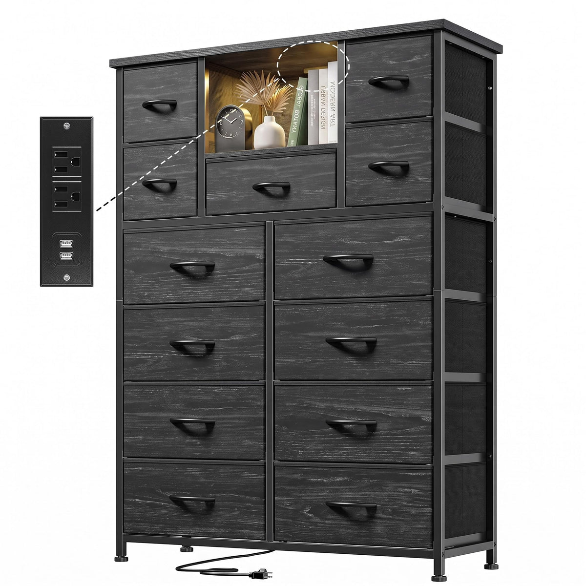 Black 13 Drawer Dresser with Charge Station and LED Light X328