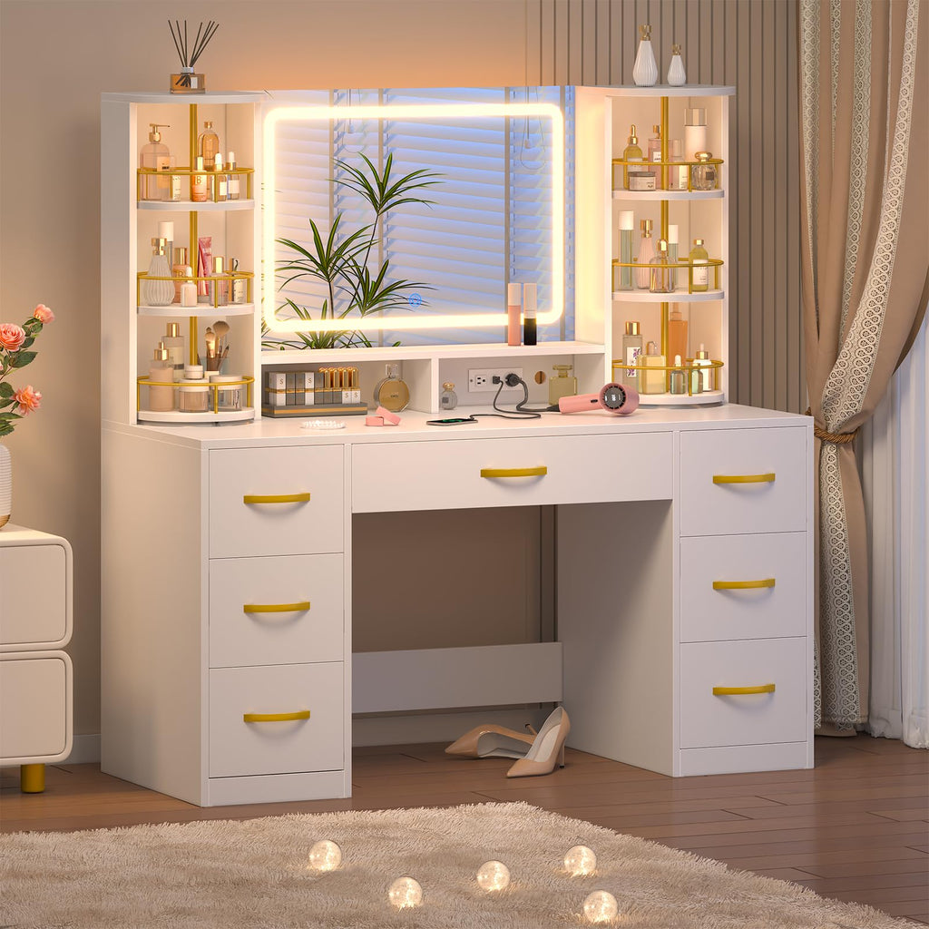 Vanity Desk with Mirror and Lights, 7 Drawers K58801