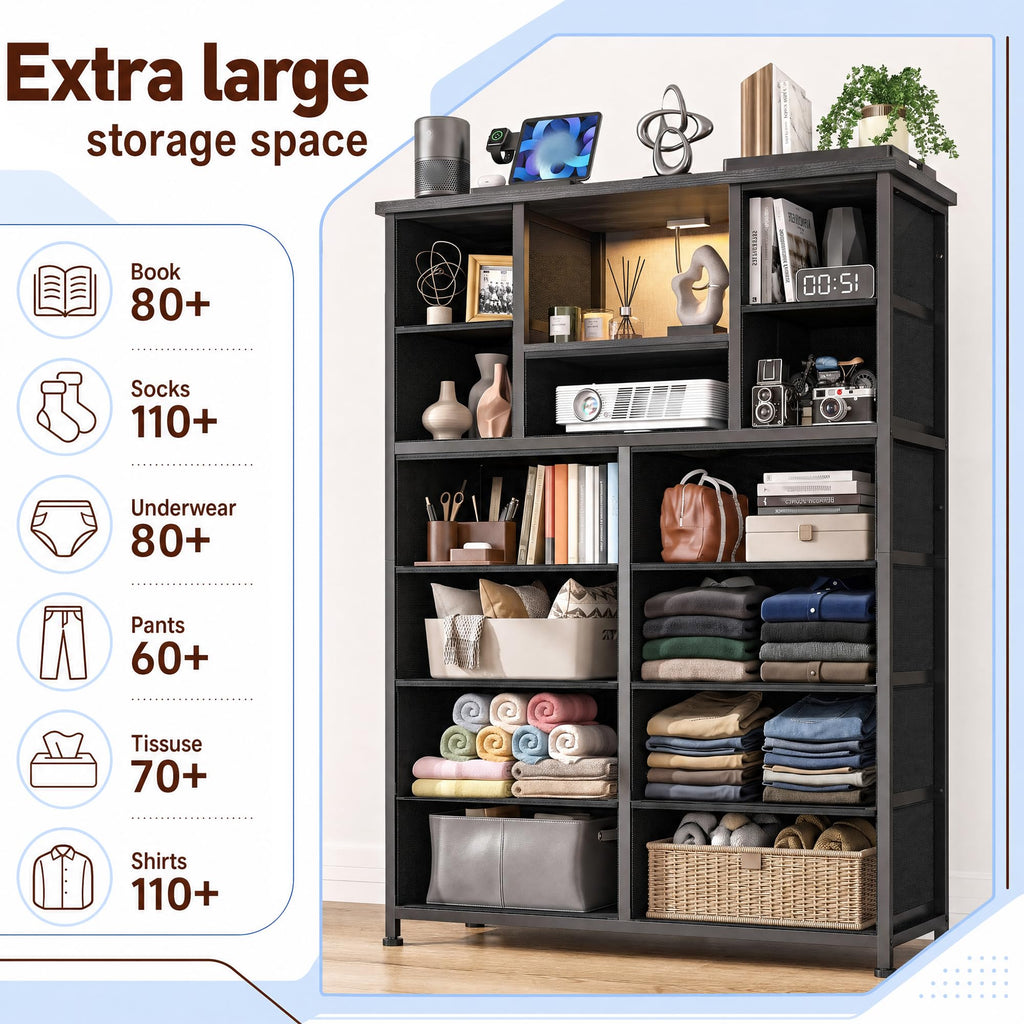 Black 13 Drawer Dresser with Charge Station and LED Light X328