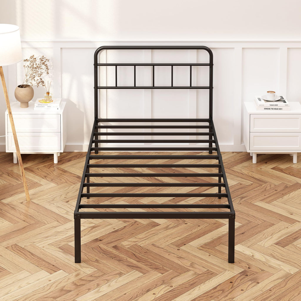 12 inches Twin Bed Frame with Minimalist Headboard, Black V974