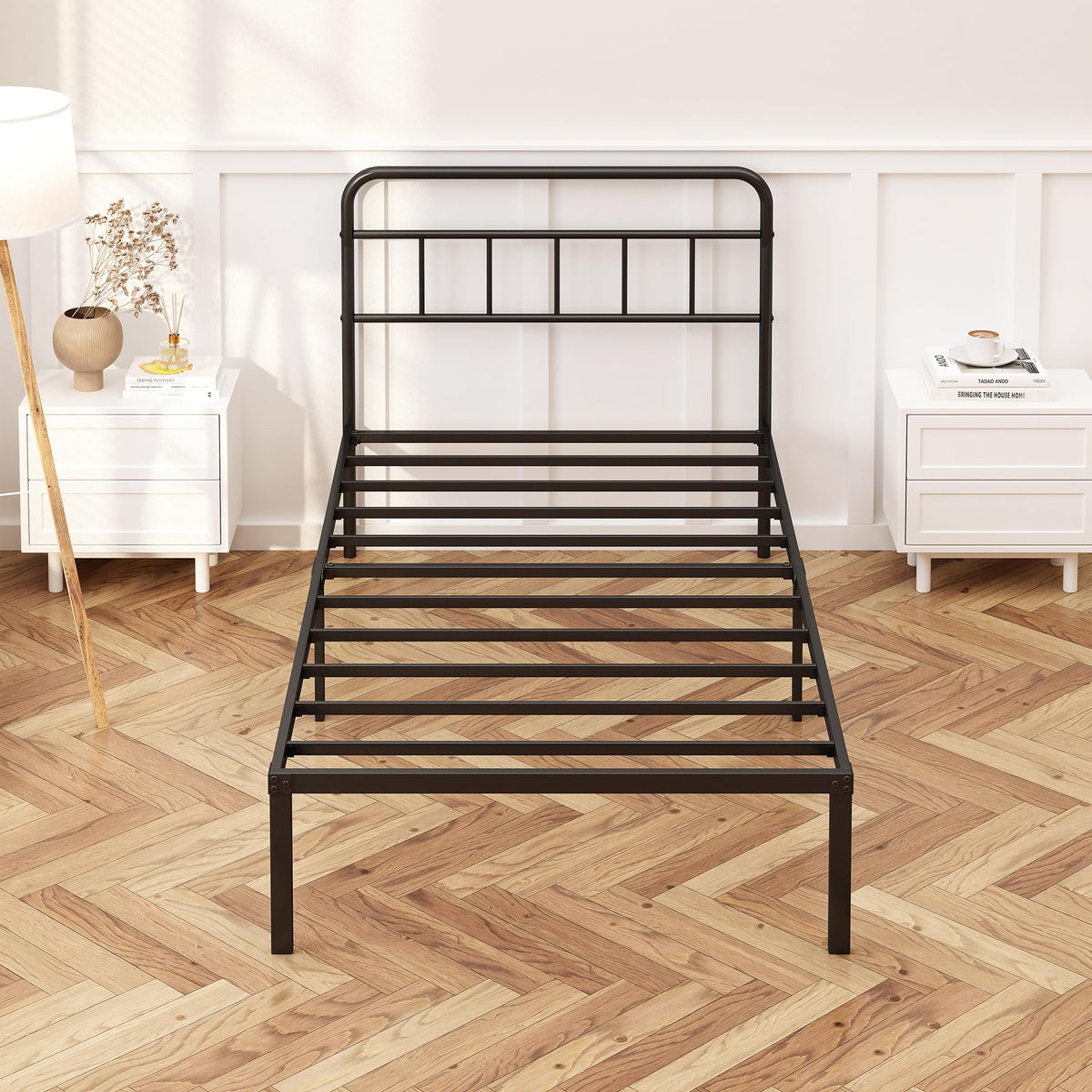 12 inches Twin Bed Frame with Minimalist Headboard, Black V974