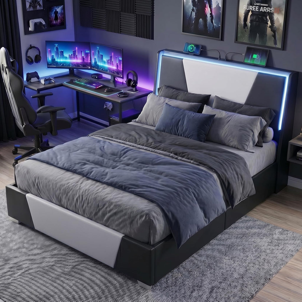 Full Size Bed Frame with Led Lights and 4 Storage Drawers R6022